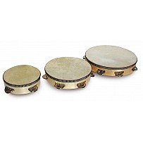 Clamp tambourine made of wood with clamps, covered with natural skin. Clamp tambourines are suitable for early musical education